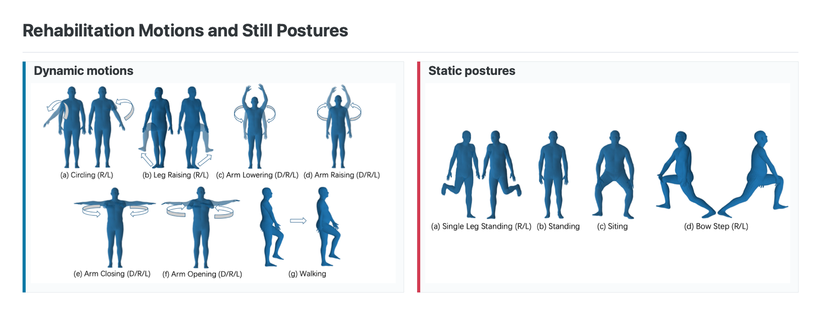 Dynamic rehabilitation motions and static postures used in evaluation